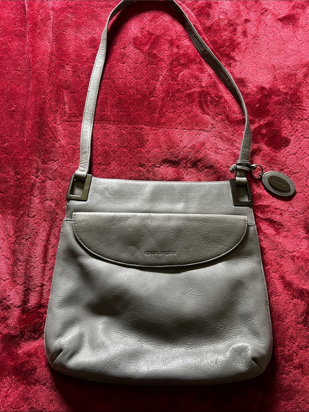 Apostrophe Light Gray Leather Shoulder Bag with Front Flap.EUC